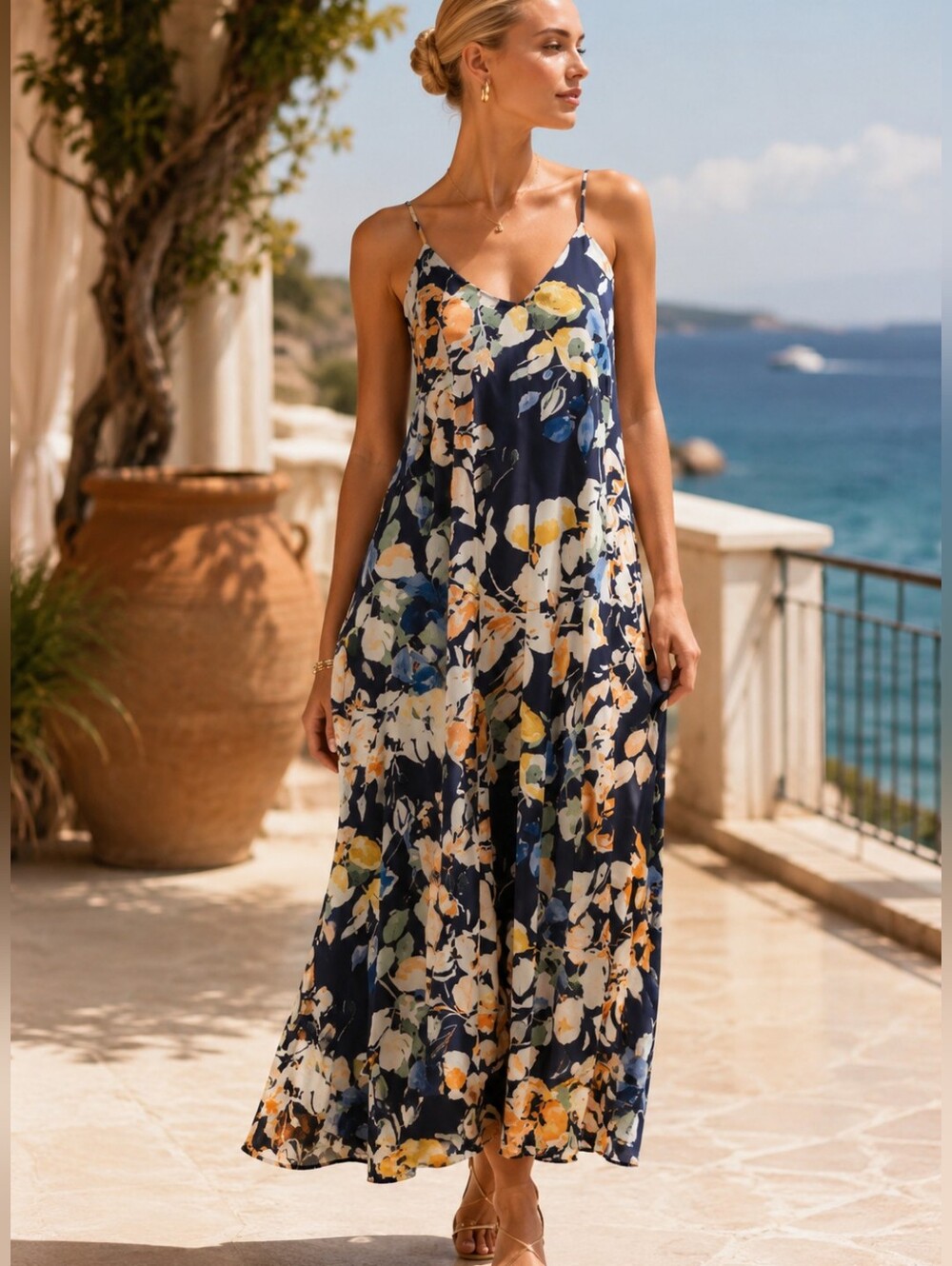 Tahari Arthur S. Levine Navy Floral Satin Slip Maxi Dress Size L Resort Coastal